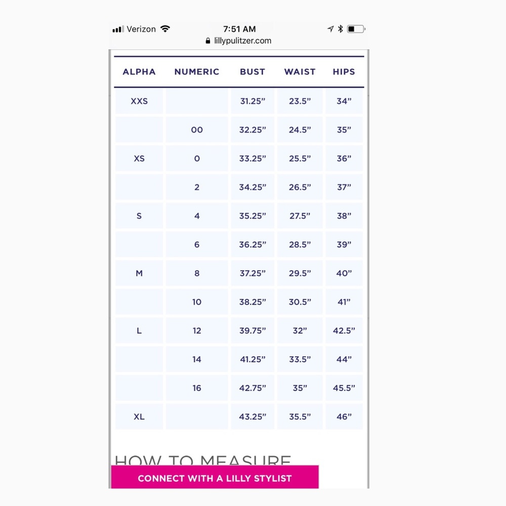 Lilly Pulitzer Woman’s Size Chart